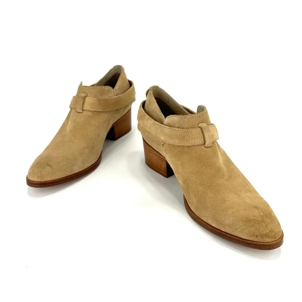 Rag & Bone Harley Women Tan Moto Bootie Size 7 Italian Suede Belted Block Heel